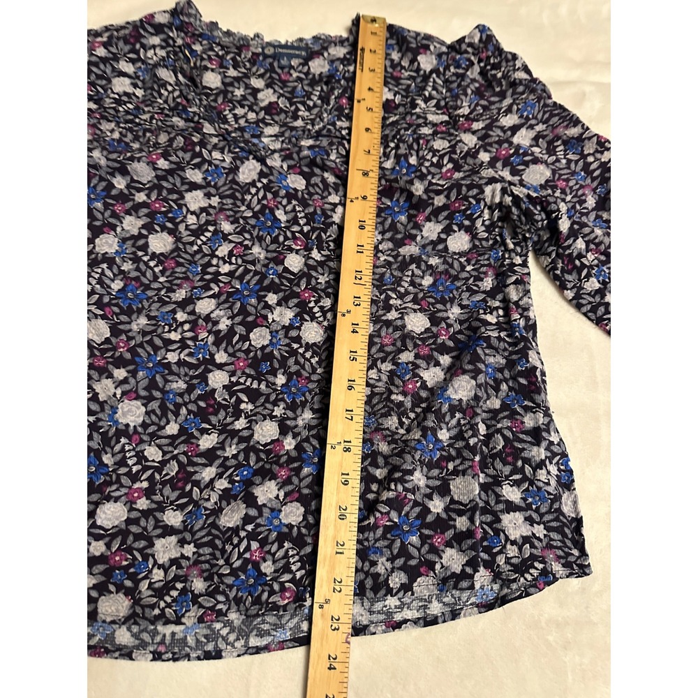Democracy Womens Floral V-Neck Ruffle Blouse Blue 3/4 Sleeve Top L Cottagecore - Picture 15 of 16